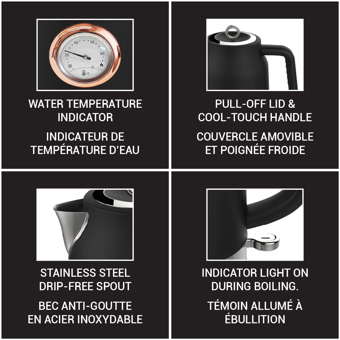 JS Gourmet Bouilloire électrique Rétro Collection Rosewood, 1,7 L, acier inoxydable noir mat - Simple Boutique