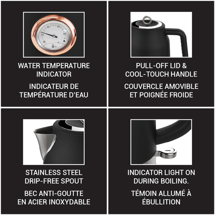 JS Gourmet Bouilloire électrique Rétro Collection Rosewood, 1,7 L, acier inoxydable noir mat - Simple Boutique