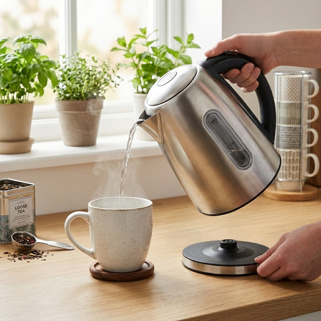 JS Gourmet Bouilloire électrique en acier inoxydable avec éclairage DEL bleu, 1100 W - 1,7 L - Simple Boutique