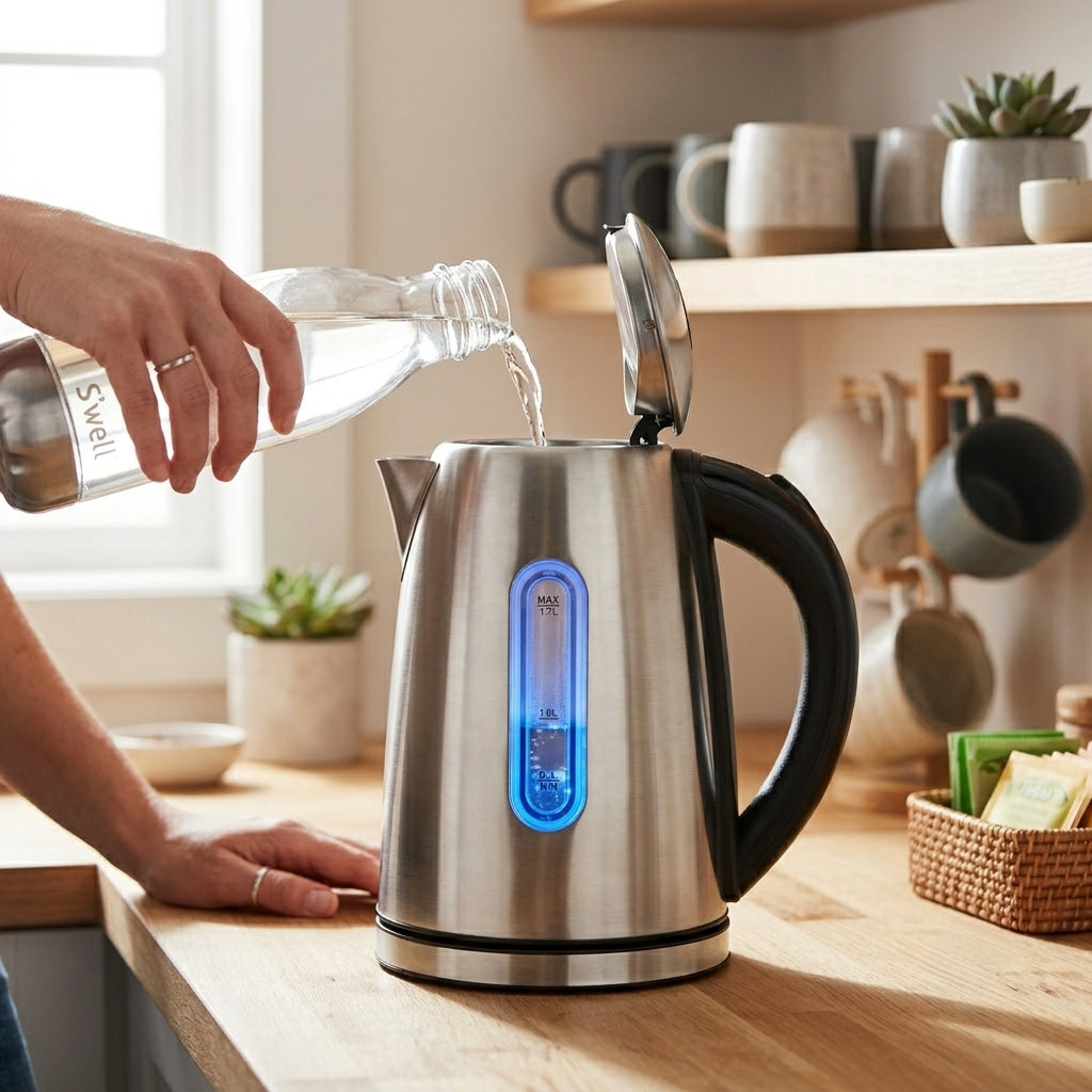 JS Gourmet Bouilloire électrique en acier inoxydable avec éclairage DEL bleu, 1100 W - 1,7 L - Simple Boutique