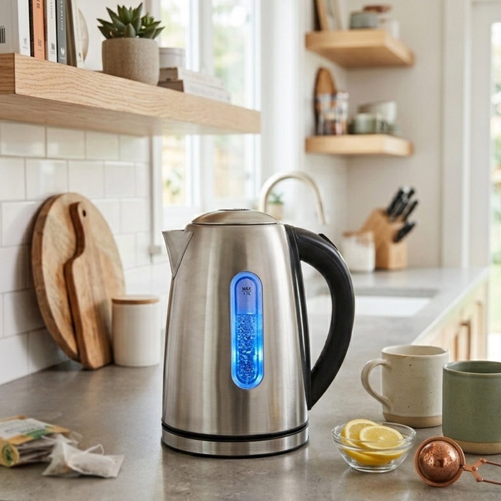 JS Gourmet Bouilloire électrique en acier inoxydable avec éclairage DEL bleu, 1100 W - 1,7 L - Simple Boutique
