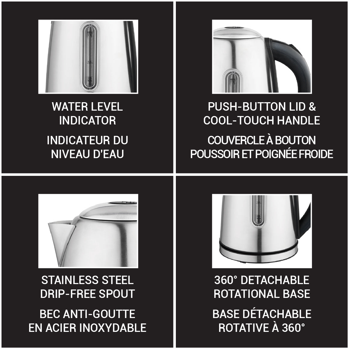 JS Gourmet Bouilloire électrique en acier inoxydable avec éclairage DEL bleu, 1100 W - 1,7 L - Simple Boutique