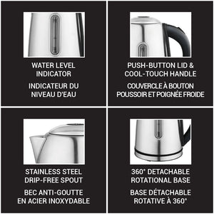 JS Gourmet Bouilloire électrique en acier inoxydable avec éclairage DEL bleu, 1100 W - 1,7 L - Simple Boutique
