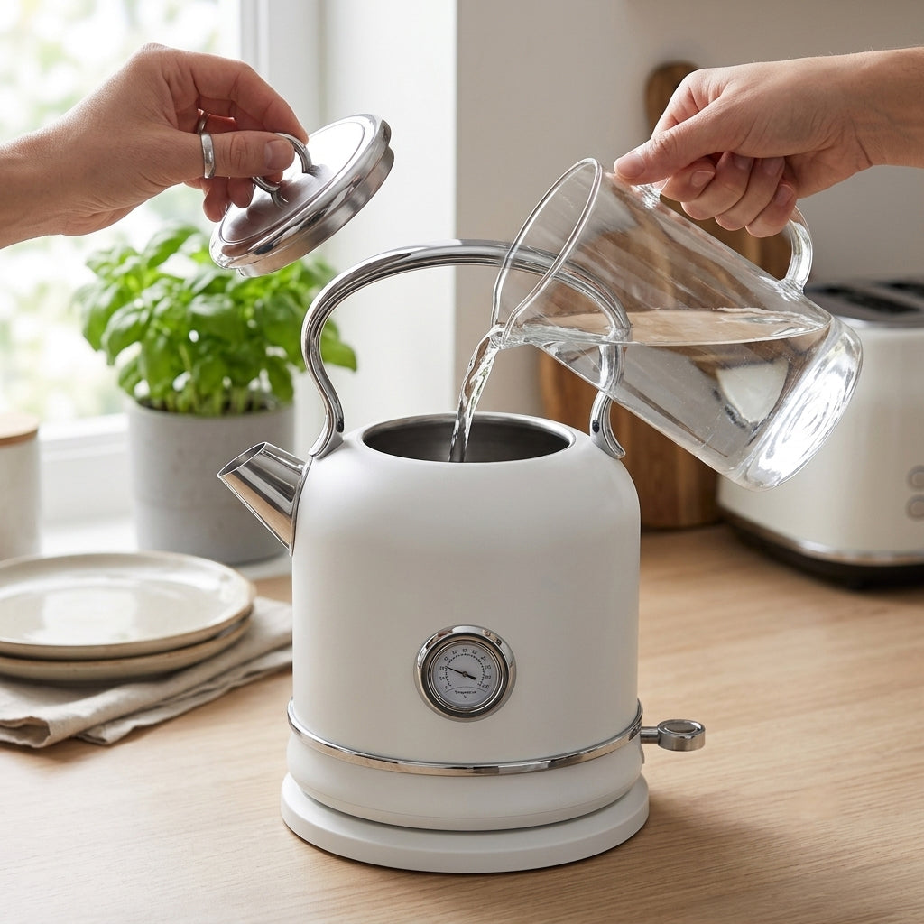 JS Gourmet Bouilloire électrique rétro de 1,7 L avec témoin lumineux DEL bleu - Blanc mat - Simple Boutique