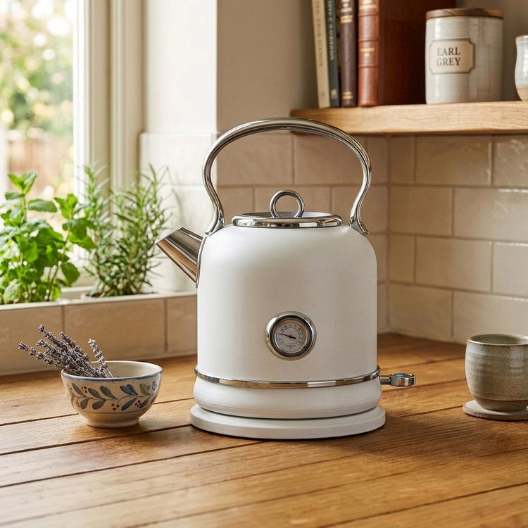 JS Gourmet Bouilloire électrique rétro de 1,7 L avec témoin lumineux DEL bleu - Blanc mat - Simple Boutique