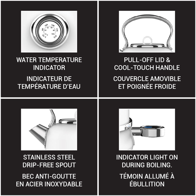 JS Gourmet Bouilloire électrique rétro de 1,7 L avec témoin lumineux DEL bleu - Blanc mat - Simple Boutique