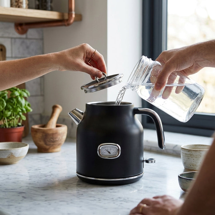JS Gourmet Bouilloire électrique rétro de 1,7 L avec témoin lumineux DEL bleu - Noir mat - Simple Boutique
