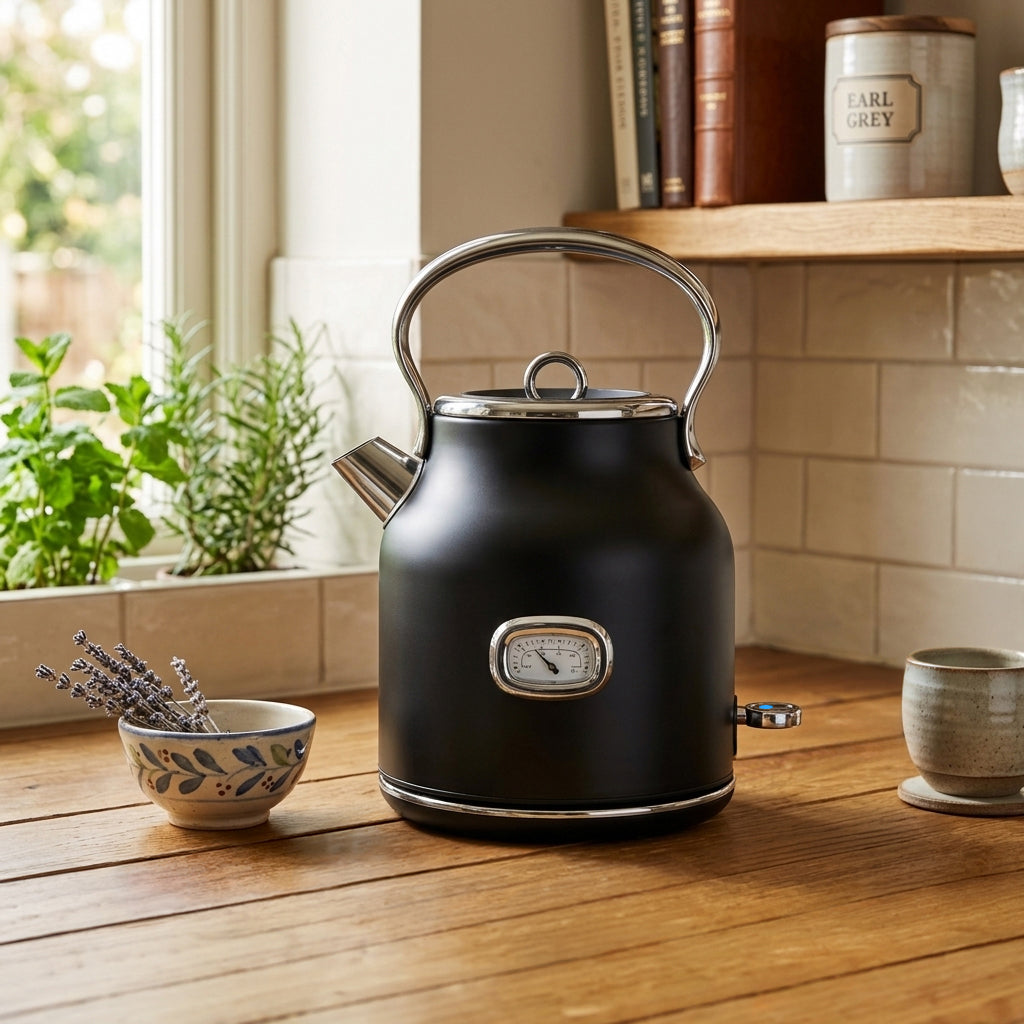 JS Gourmet Bouilloire électrique rétro de 1,7 L avec témoin lumineux DEL bleu - Noir mat - Simple Boutique