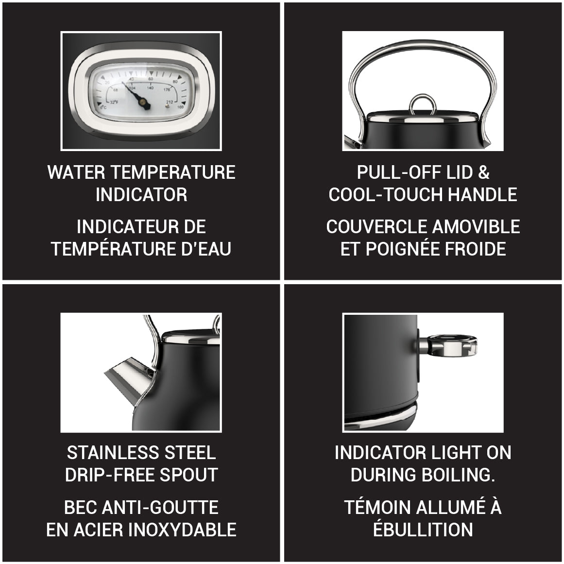 JS Gourmet Bouilloire électrique rétro de 1,7 L avec témoin lumineux DEL bleu - Noir mat - Simple Boutique