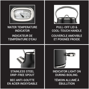 JS Gourmet Bouilloire électrique rétro de 1,7 L avec témoin lumineux DEL bleu - Noir mat - Simple Boutique