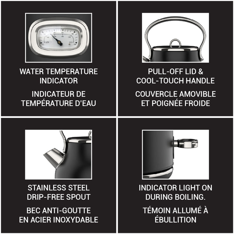 JS Gourmet Bouilloire électrique rétro de 1,7 L avec témoin lumineux DEL bleu - Noir mat - Simple Boutique