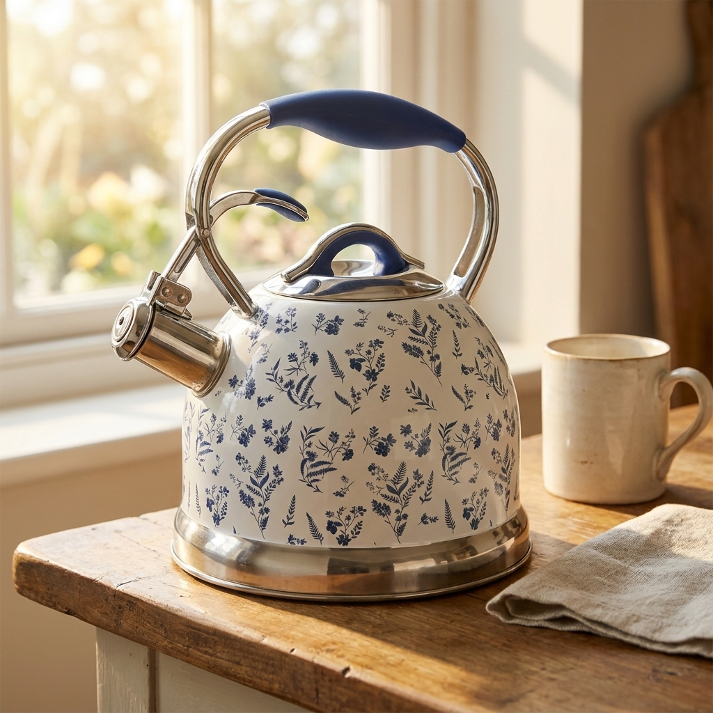 JS Gourmet Bouilloire sifflante 3L en acier inoxydable blanc, motif floral vintage - Simple Boutique