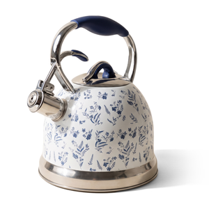 JS Gourmet Bouilloire sifflante 3L en acier inoxydable blanc, motif floral vintage - Simple Boutique