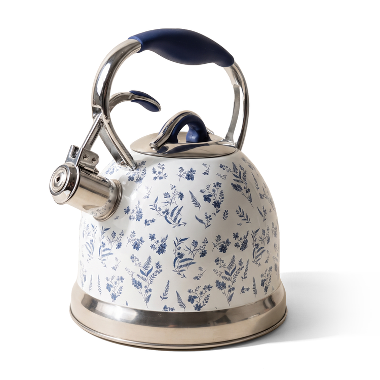 JS Gourmet Bouilloire sifflante 3L en acier inoxydable blanc, motif floral vintage - Simple Boutique