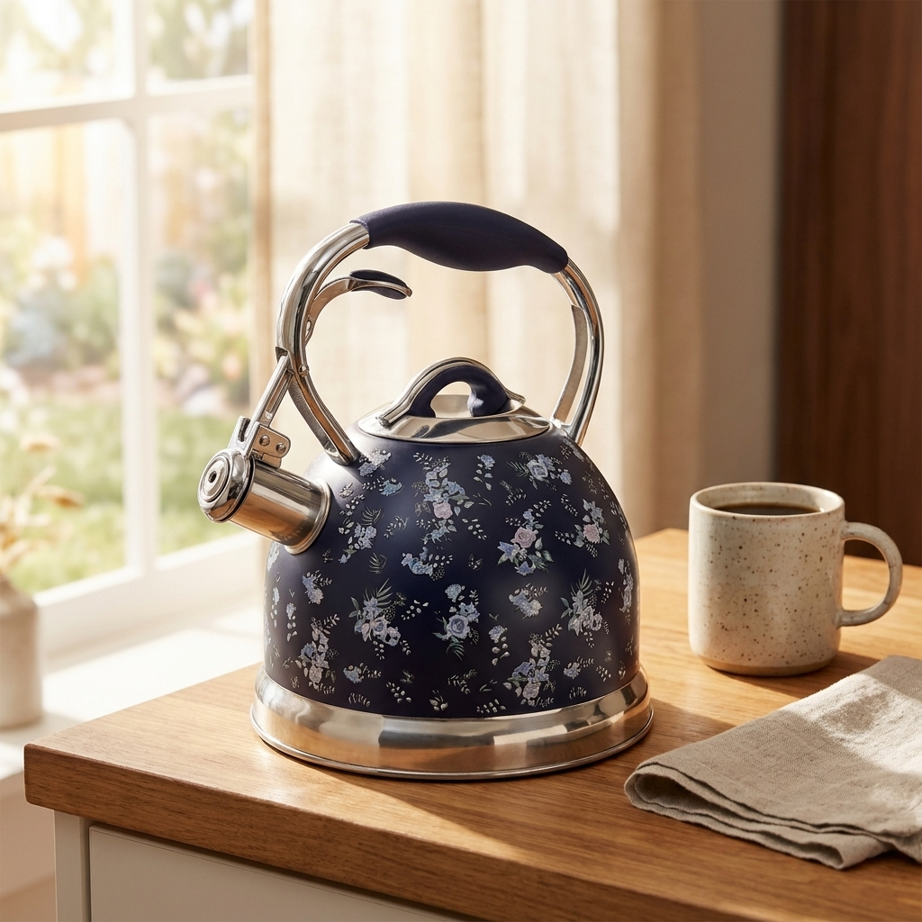 JS Gourmet Bouilloire sifflante 3L en acier inoxydable bleu, motif floral vintage - Simple Boutique