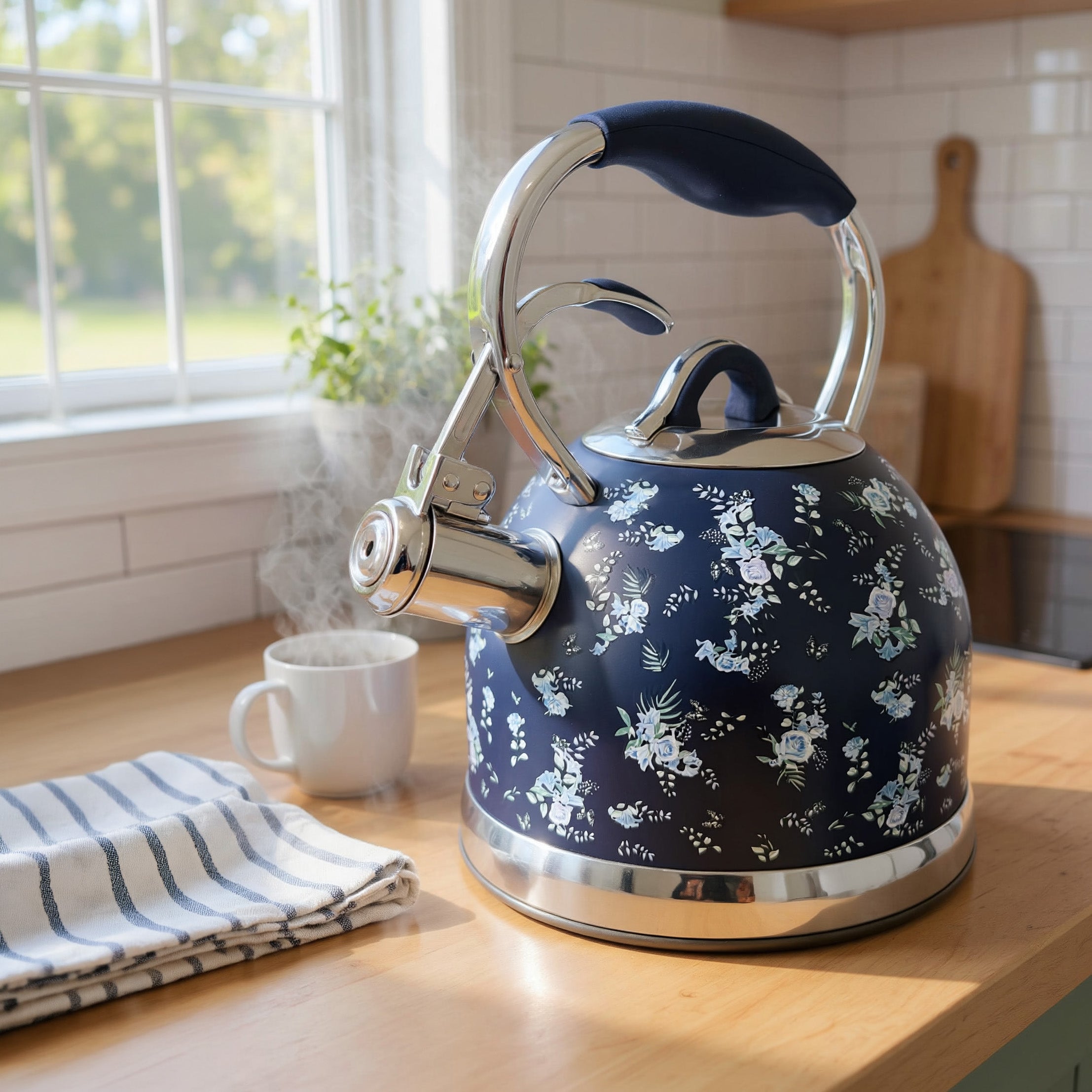 JS Gourmet Bouilloire sifflante 3L en acier inoxydable bleu, motif floral vintage - Simple Boutique