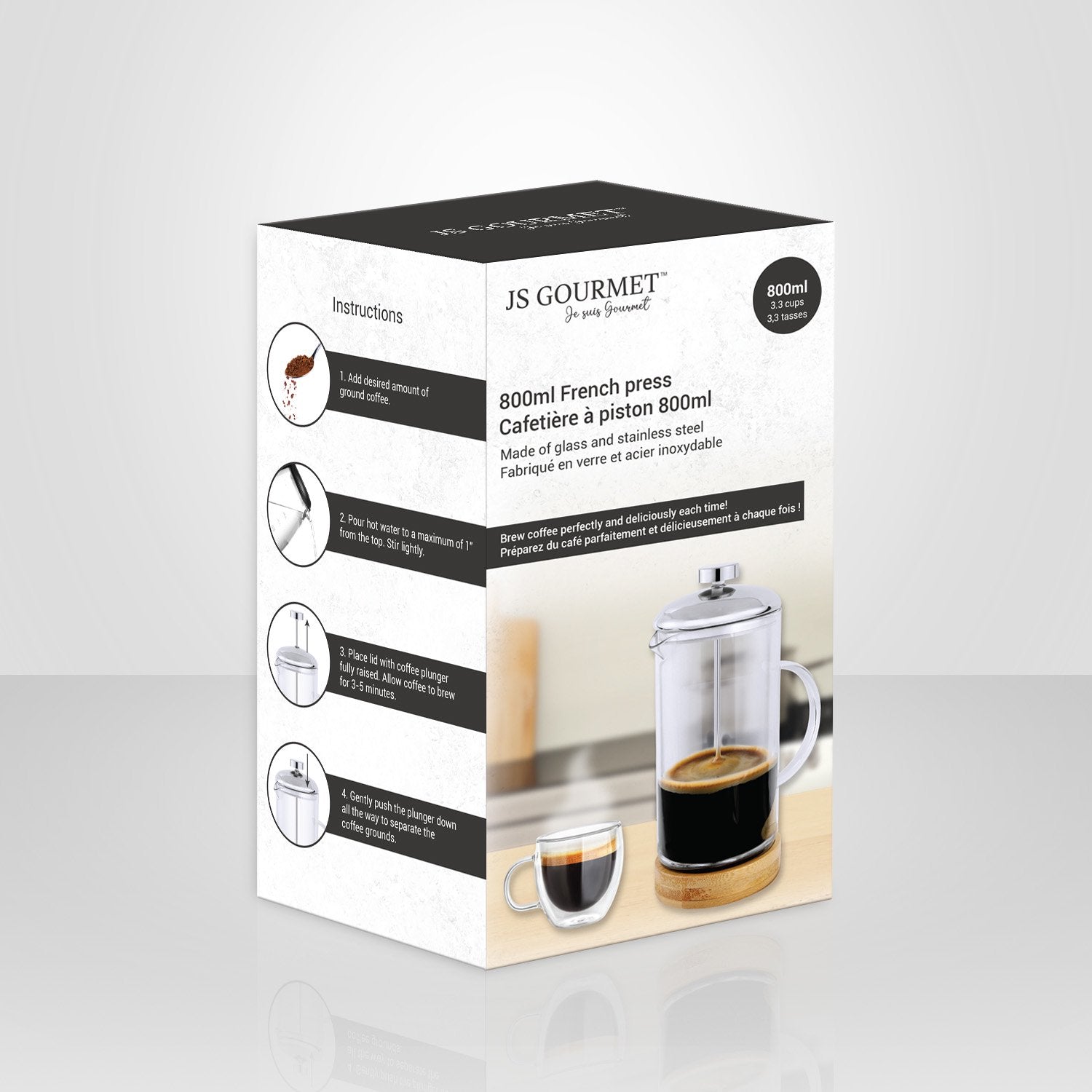 JS Gourmet - Cafetière à Presse Francaise en Verre avec Base en Bambou, Capacité de 800ml - Simple Boutique
