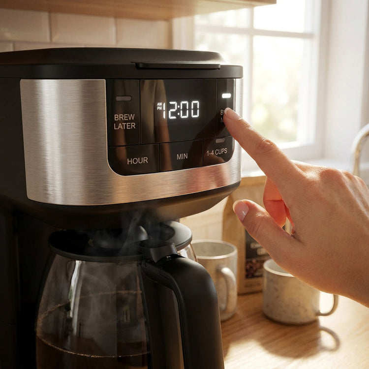 JS Gourmet Cafetière à filtre numérique programmable de 12 tasses avec carafe en verre de 1,8 L, noire - Simple Boutique