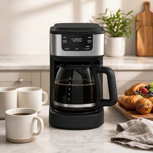 JS Gourmet Cafetière à filtre numérique programmable de 12 tasses avec carafe en verre de 1,8 L, noire - Simple Boutique
