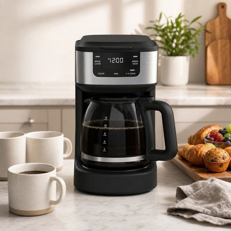 JS Gourmet Cafetière à filtre numérique programmable de 12 tasses avec carafe en verre de 1,8 L, noire - Simple Boutique