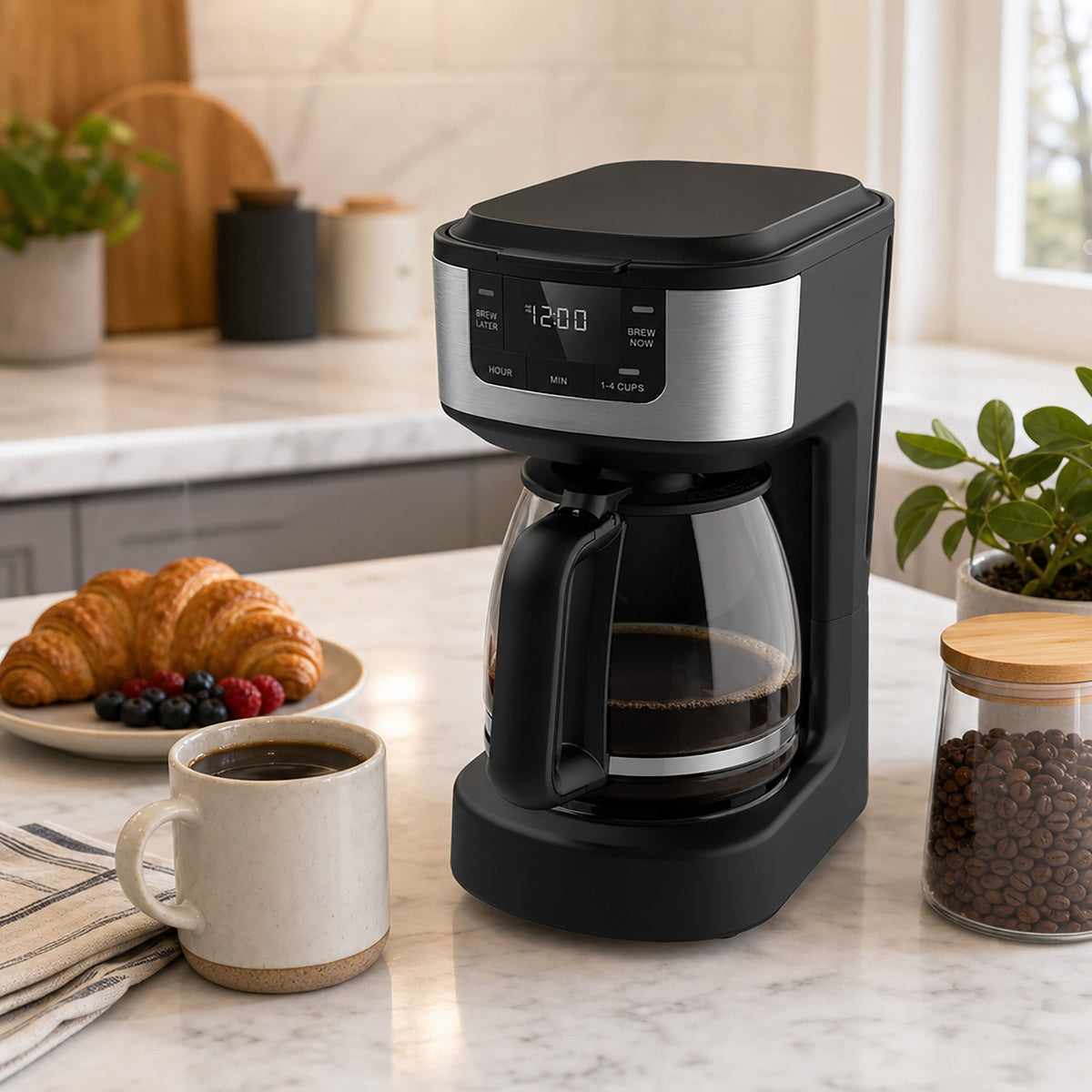 JS Gourmet Cafetière à filtre numérique programmable de 12 tasses avec carafe en verre de 1,8 L, noire - Simple Boutique