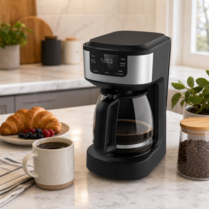 JS Gourmet Cafetière à filtre numérique programmable de 12 tasses avec carafe en verre de 1,8 L, noire - Simple Boutique