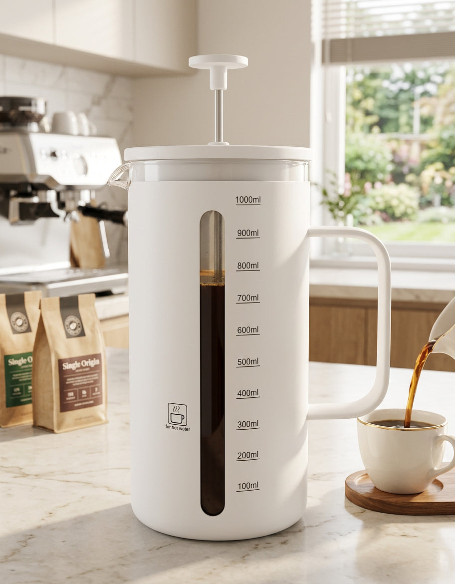 JS Gourmet Cafetière à piston en acier inoxydable - Blanc cassé, 1000 ml - Simple Boutique