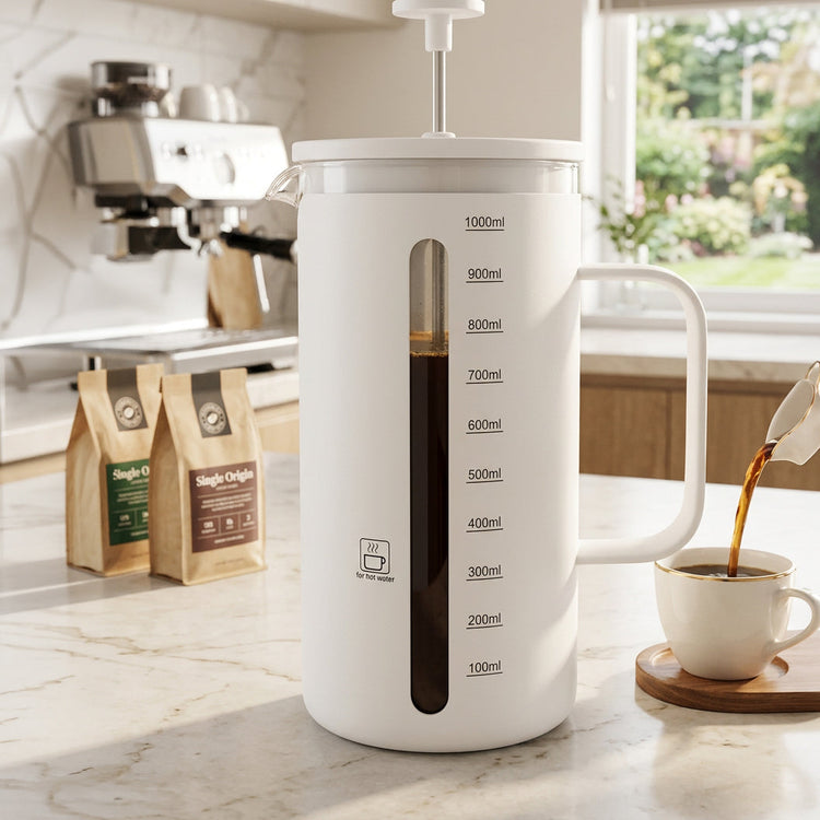 JS Gourmet Cafetière à piston en acier inoxydable - Blanc cassé, 1000 ml - Simple Boutique