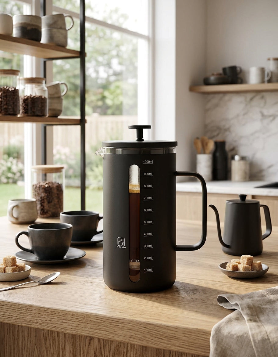 JS Gourmet Cafetière à piston en acier inoxydable - Noir, 1000 ml - Simple Boutique