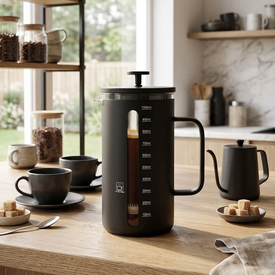 JS Gourmet Cafetière à piston en acier inoxydable - Noir, 1000 ml - Simple Boutique