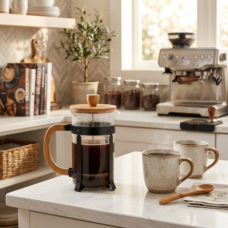 JS Gourmet Cafetière à piston en verre avec bouton et poignée en bambou, 800 ml - Simple Boutique