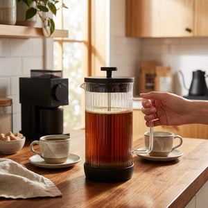 JS Gourmet Cafetière à piston en verre cannelé, noire, 1000 ml - Simple Boutique