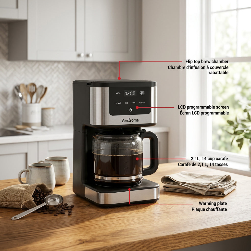JS Gourmet Cafetière filtre programmable 14 tasses - Verseuse en verre 2,1 L, Noire - Simple Boutique