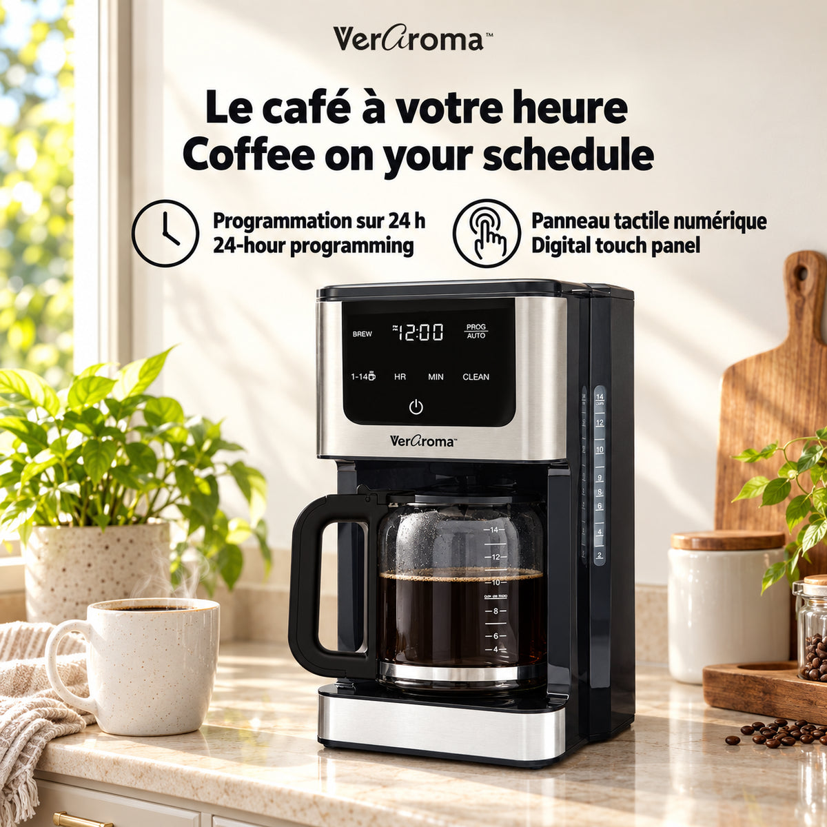 76-7-99722 — Le café à votre heure / Coffee on your schedule — Programmation sur 24 h / 24-hour programming / Panneau tactile numérique / Digital touch panel