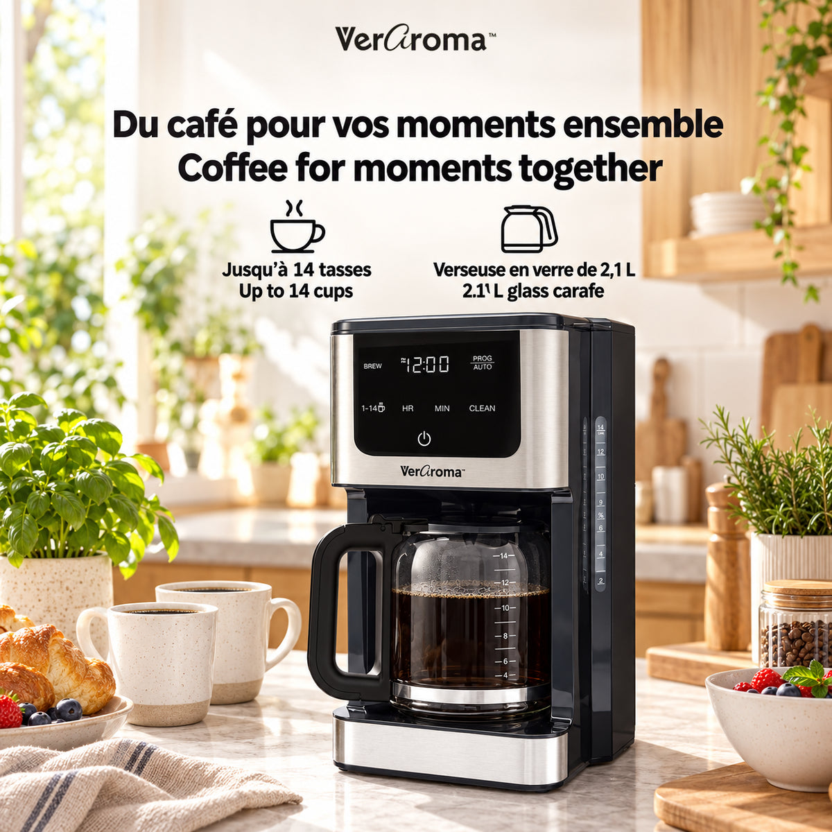 76-7-99722 — Du café pour vos moments ensemble / Coffee for moments together — Jusqu’à 14 tasses / Up to 14 cups / Verseuse en verre de 2,1 L / 2.1 L glass carafe