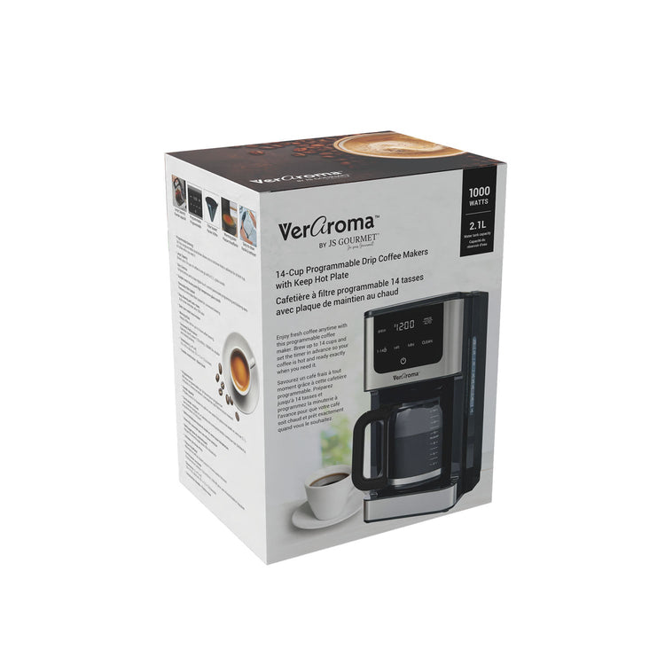 JS Gourmet Cafetière filtre programmable 14 tasses - Verseuse en verre 2,1 L, Noire - emballage - Simple Boutique
