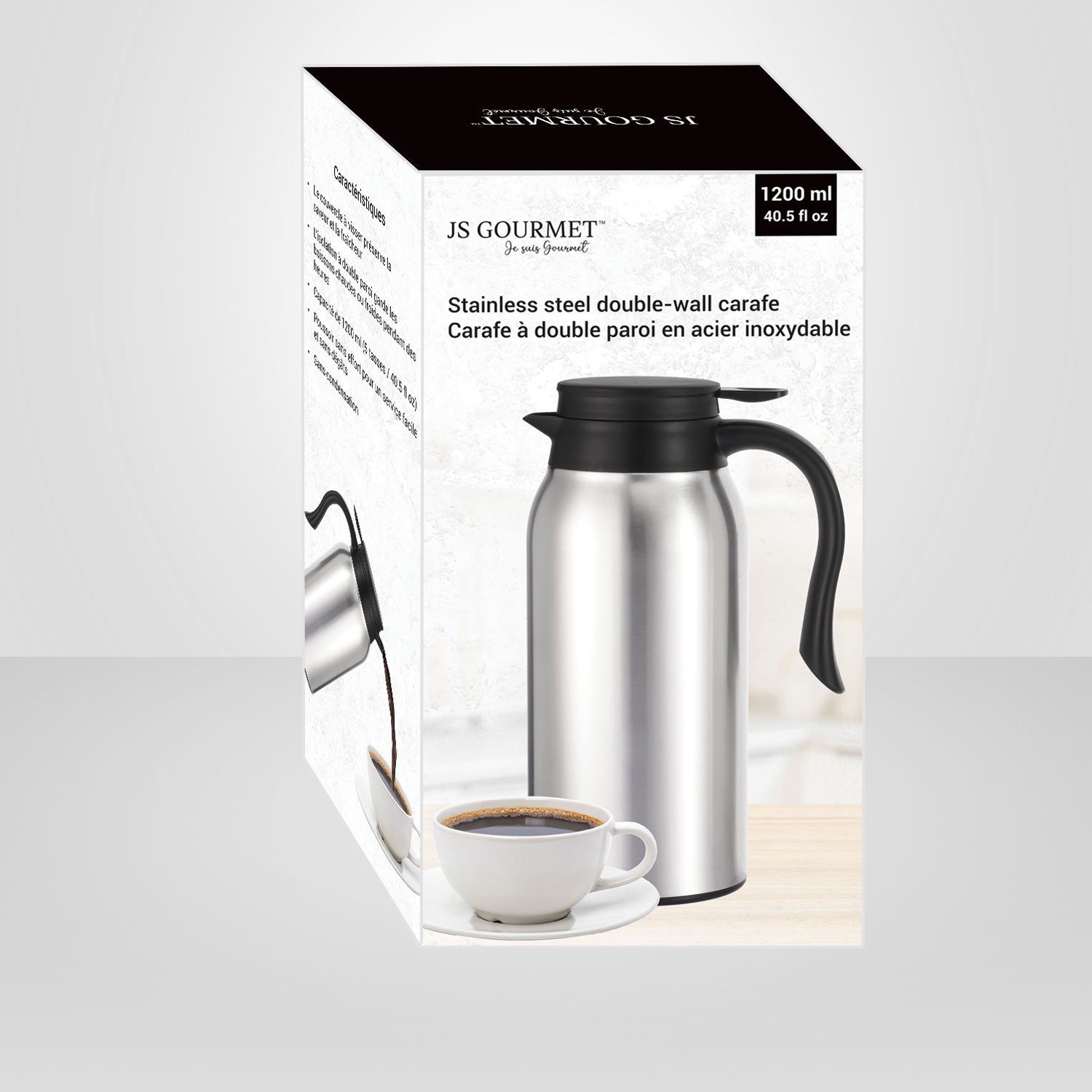 JS Gourmet - Carafe Isolée à Double Paroi, Capacité de 1200ml, Acier Inoxydable - Simple Boutique