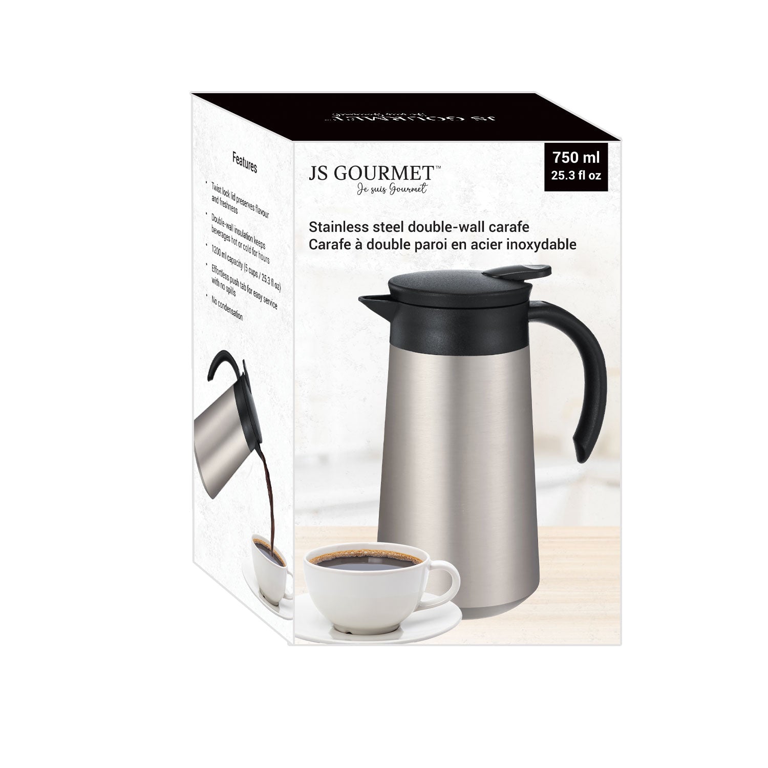 JS Gourmet - Carafe à Double Paroi, Capacité de 750ml, Acier Inoxydable - Simple Boutique