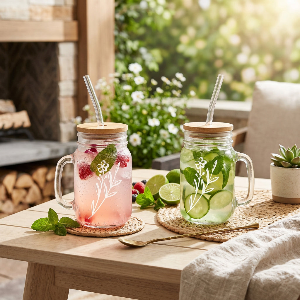 JS Gourmet Chopes en verre style pot Mason avec couvercle en bambou et paille en verre - Ensemble de 2, 450 ml - Simple Boutique