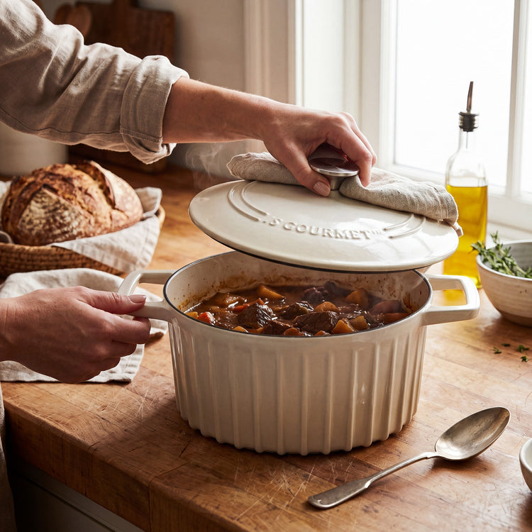JS Gourmet Cocotte en fonte émaillée à motif cannelé, crème meringue, 5,2 L - Simple Boutique