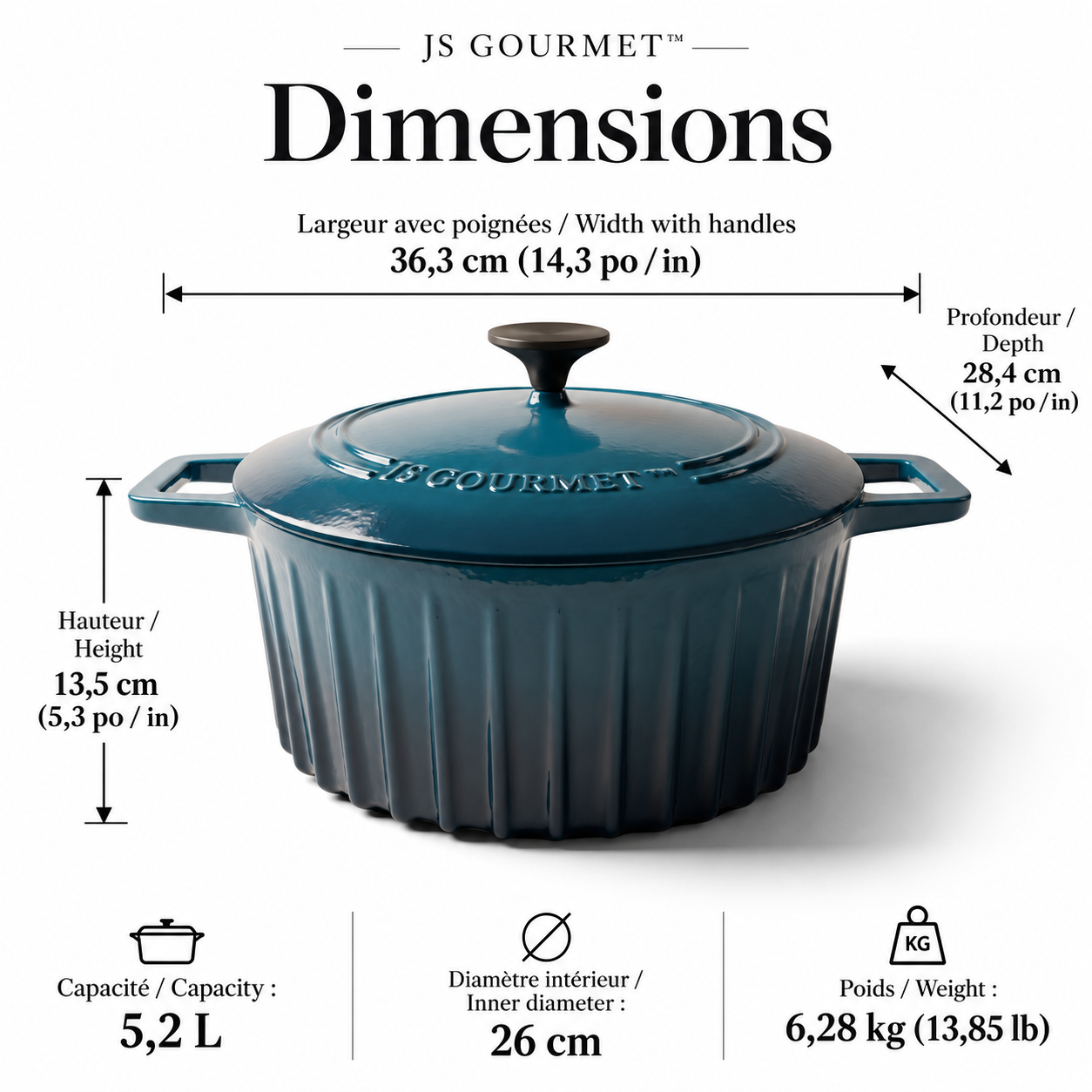 JS Gourmet Cocotte en fonte émaillée cannelée, 5,2 L, Bleu saphir - Simple Boutique