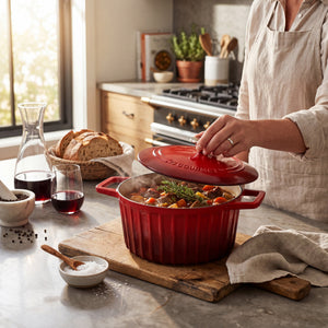 JS Gourmet Cocotte en fonte émaillée cannelée, 5,2 L, Rouge cerise - Simple Boutique