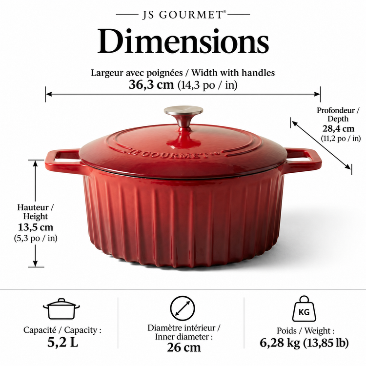 JS Gourmet Cocotte en fonte émaillée cannelée, 5,2 L, Rouge cerise - Simple Boutique