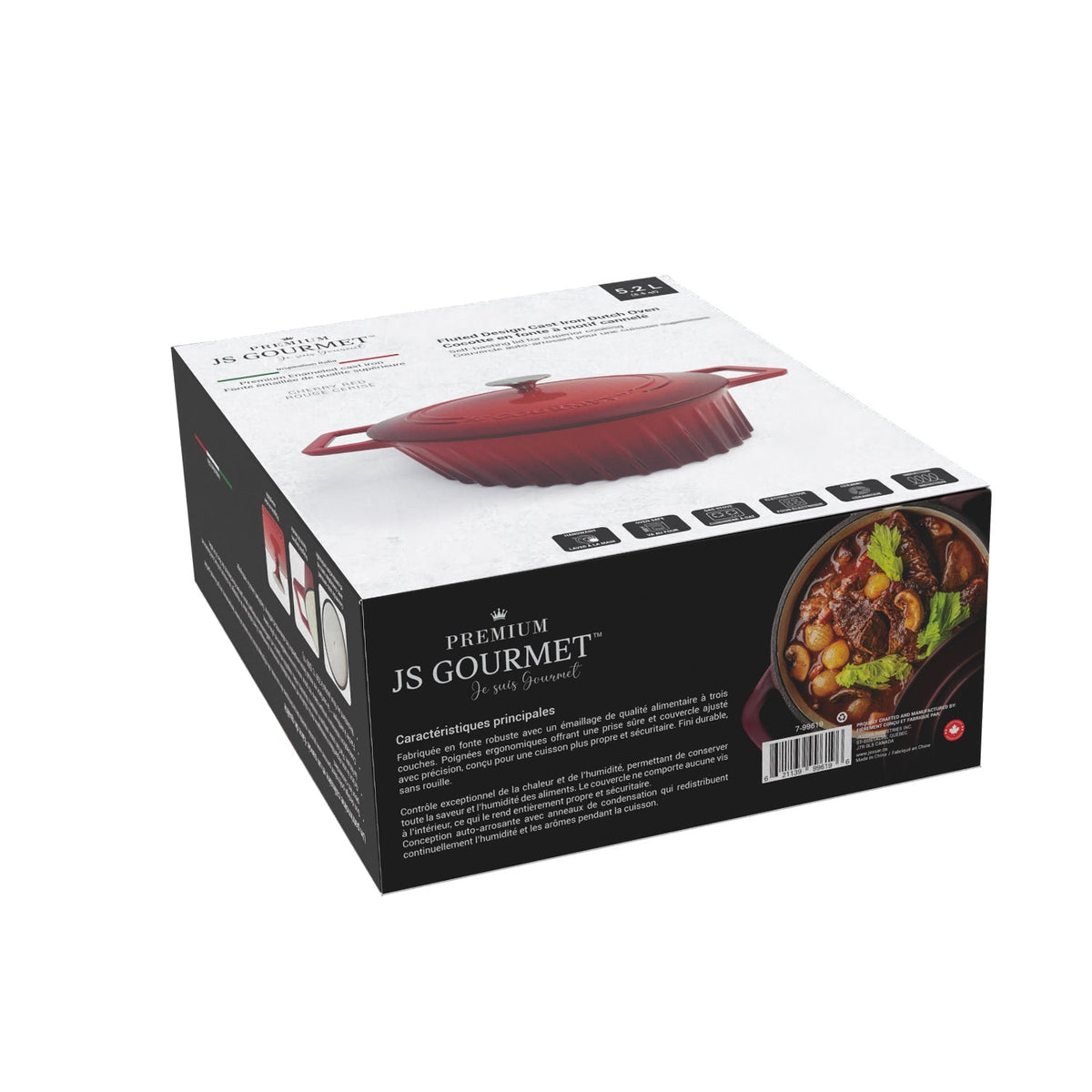 JS Gourmet Cocotte en fonte émaillée cannelée, 5,2 L, Rouge cerise - emballage - Simple Boutique