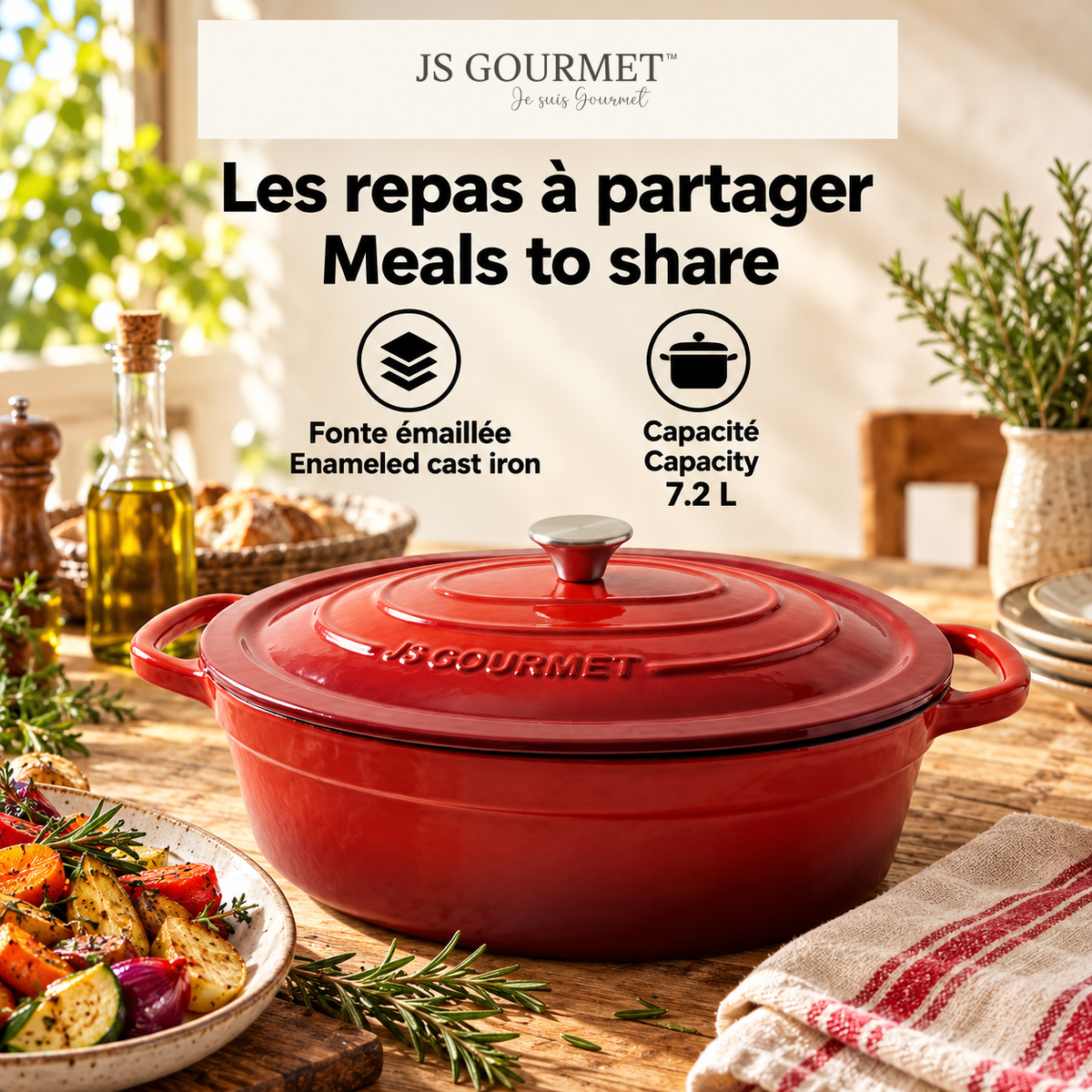 JS Gourmet Cocotte ovale en fonte émaillée, 7,2 L, Rouge cerise - Simple Boutique