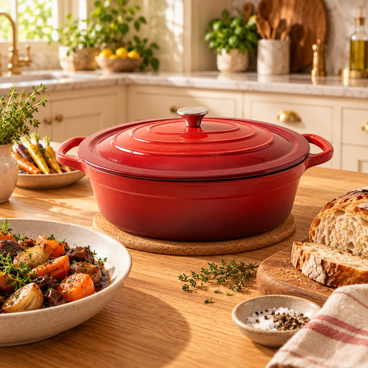 JS Gourmet Cocotte ovale en fonte émaillée, 7,2 L, Rouge cerise - Simple Boutique