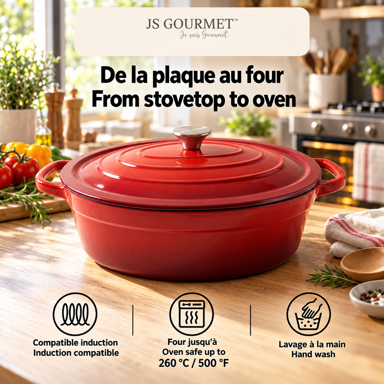 JS Gourmet Cocotte ovale en fonte émaillée, 7,2 L, Rouge cerise - Simple Boutique