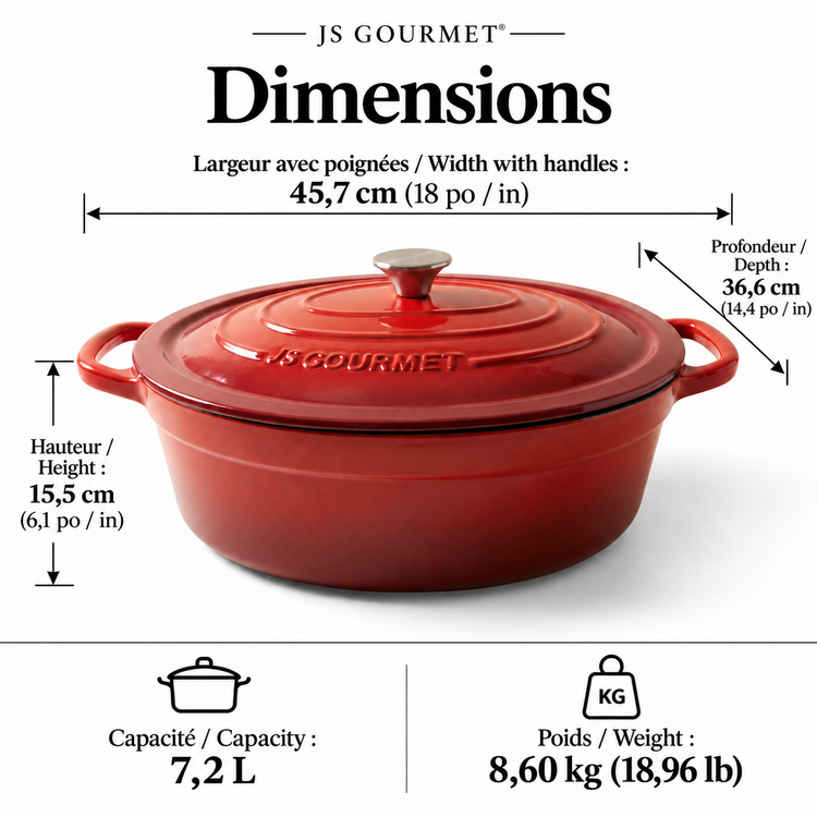 JS Gourmet Cocotte ovale en fonte émaillée, 7,2 L, Rouge cerise - Simple Boutique