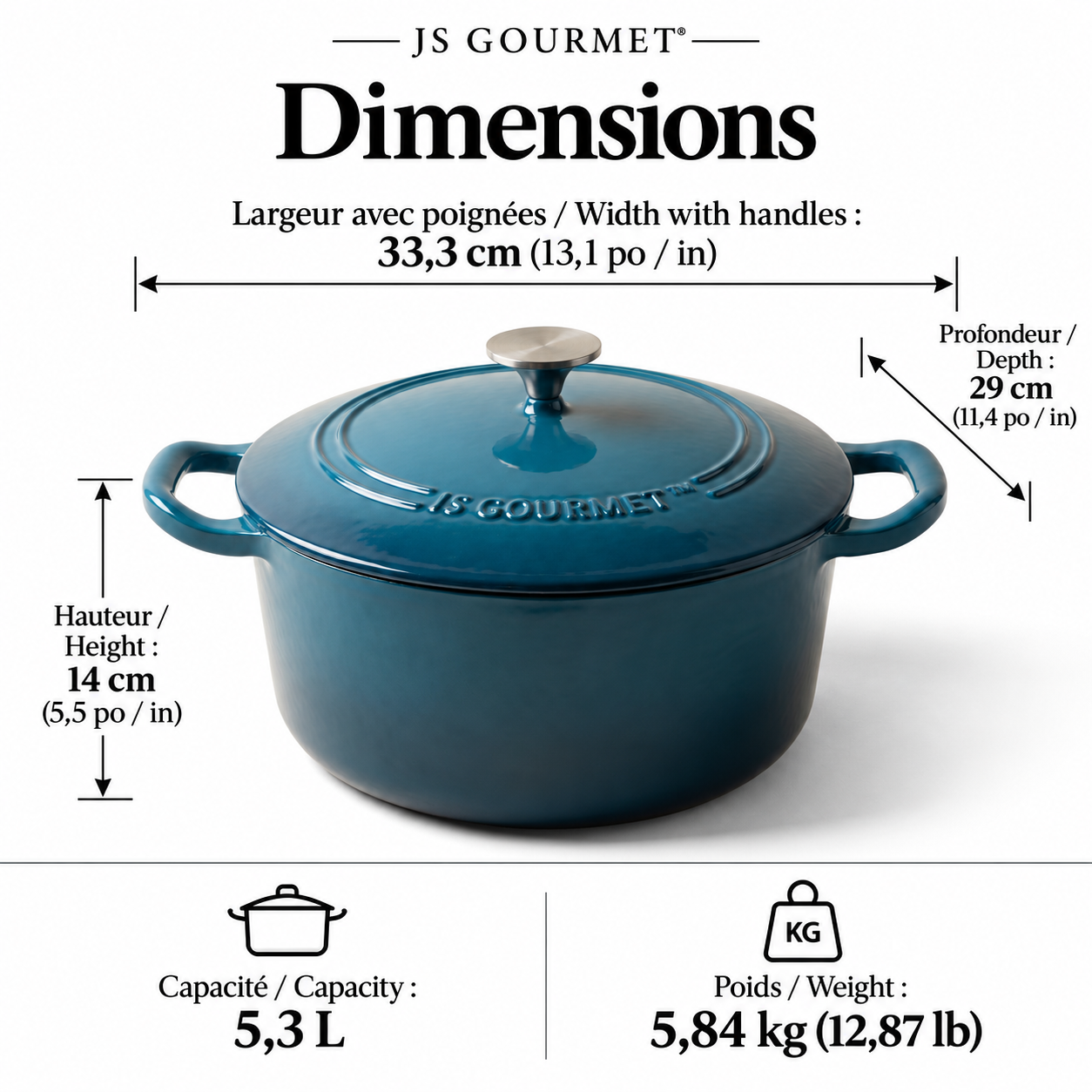 JS Gourmet Cocotte ronde en fonte émaillée, 5,3 L, Bleu saphir - Simple Boutique