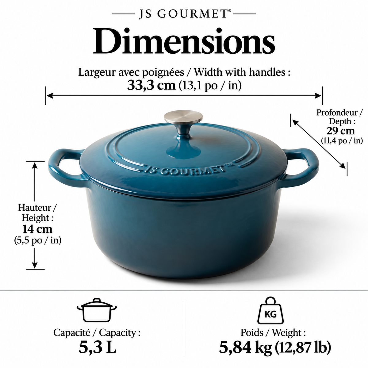 JS Gourmet Cocotte ronde en fonte émaillée, 5,3 L, Bleu saphir - Simple Boutique